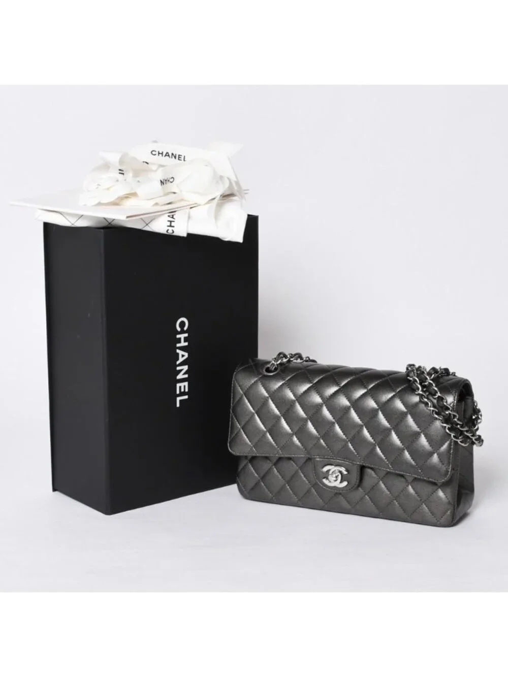 Chanel Quilted 25 Double Flap Chain Shoulder Bag Shine Gray Lambskin Silver
